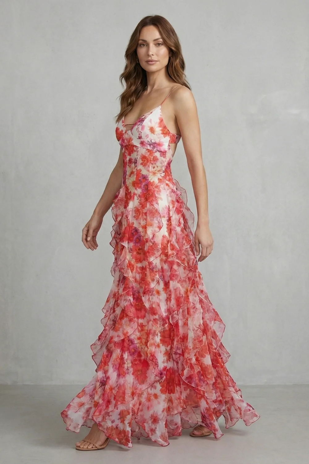 Watercolour Bloom Flow Ruffled Chiffon Maxi Dress