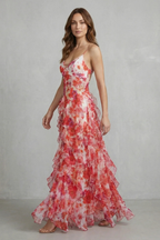 Watercolour Bloom Flow Ruffled Chiffon Maxi Dress