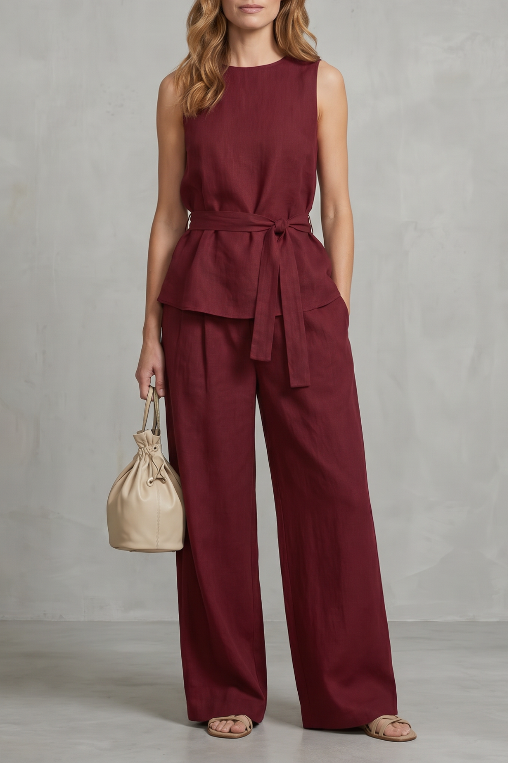 Elegant Tie-waist Silhouette Two-piece Trouser Set