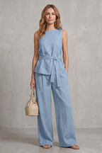 Elegant Tie-waist Silhouette Two-piece Trouser Set