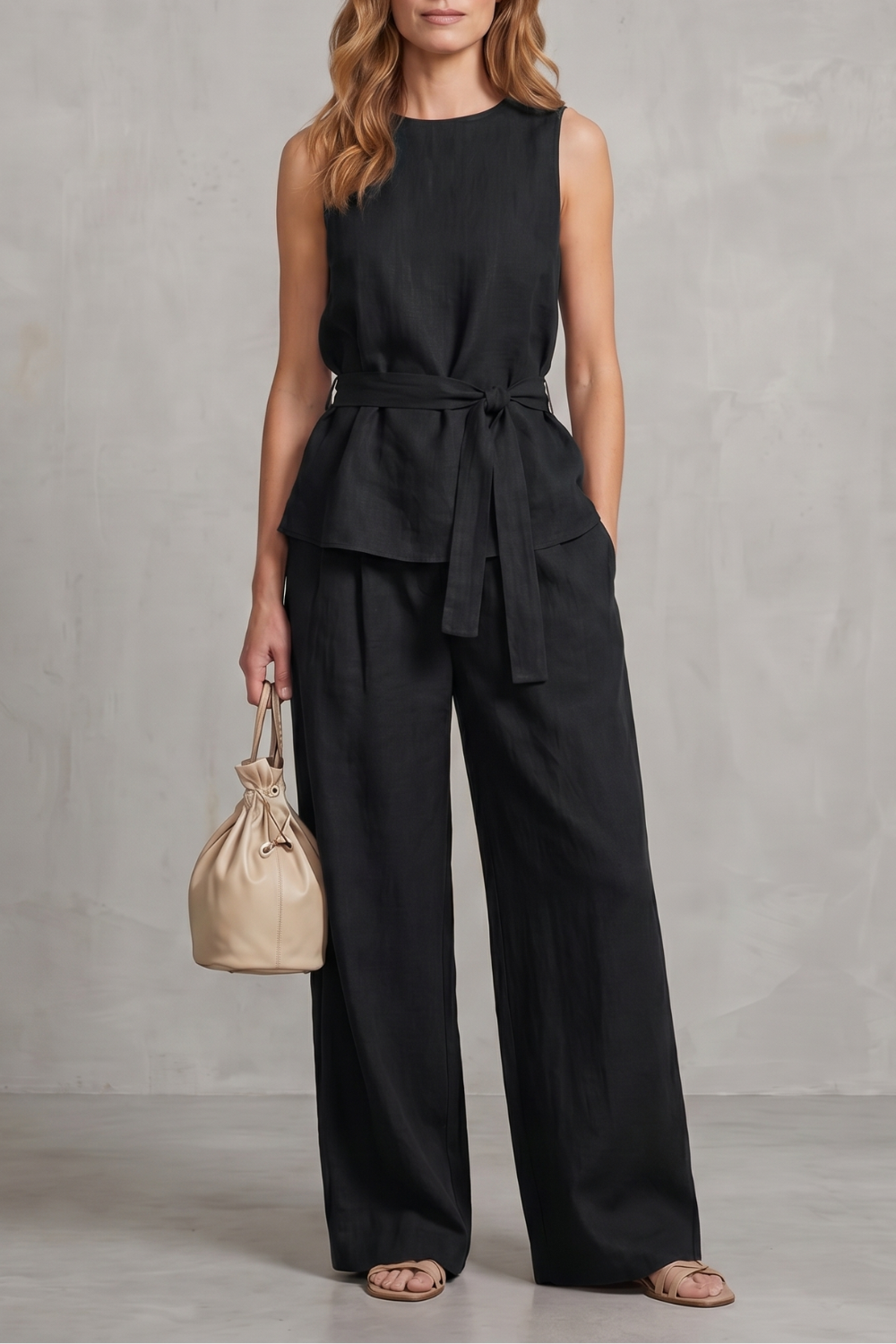 Elegant Tie-waist Silhouette Two-piece Trouser Set