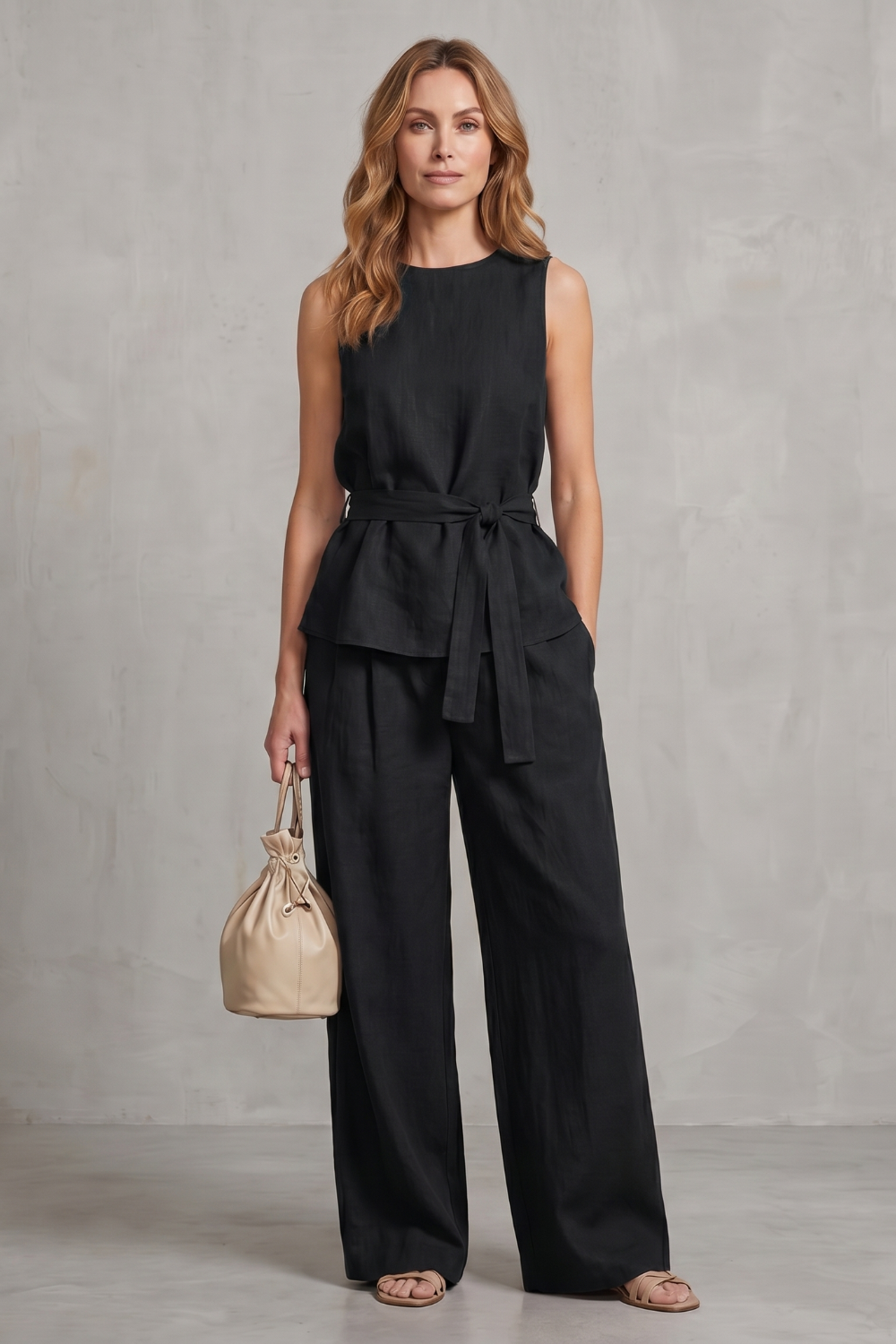 Elegant Tie-waist Silhouette Two-piece Trouser Set