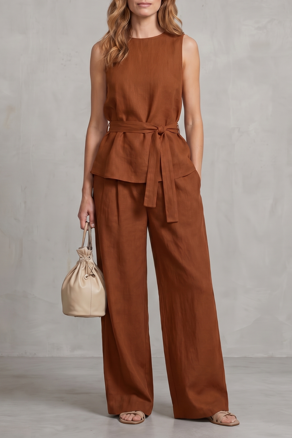 Elegant Tie-waist Silhouette Two-piece Trouser Set