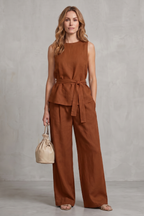Elegant Tie-waist Silhouette Two-piece Trouser Set