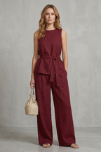 Elegant Tie-waist Silhouette Two-piece Trouser Set