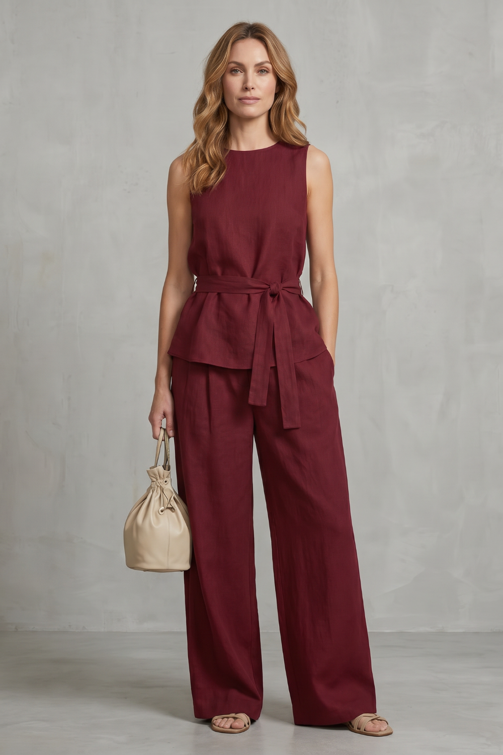 Elegant Tie-waist Silhouette Two-piece Trouser Set