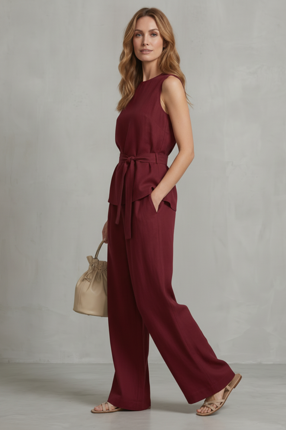 Elegant Tie-waist Silhouette Two-piece Trouser Set