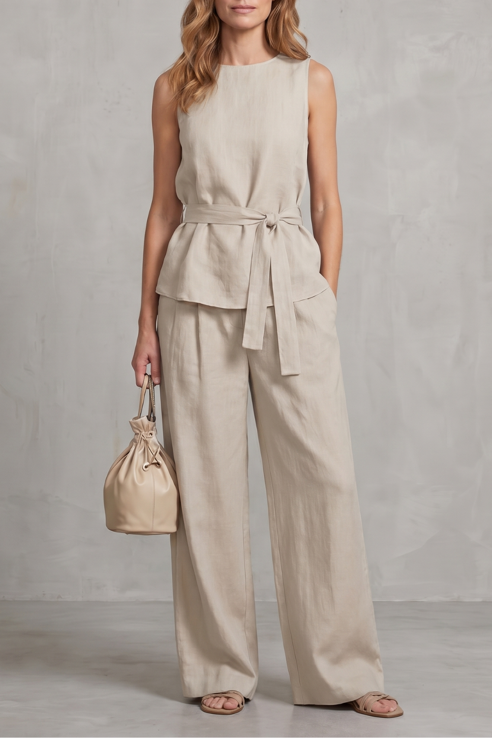 Elegant Tie-waist Silhouette Two-piece Trouser Set