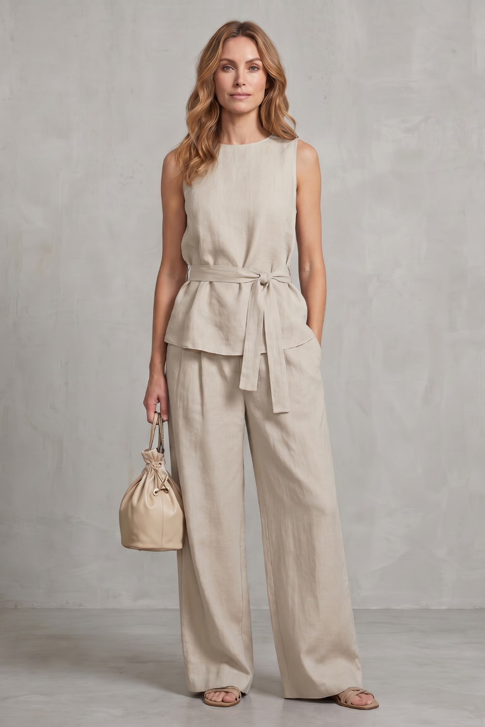 Elegant Tie-waist Silhouette Two-piece Trouser Set