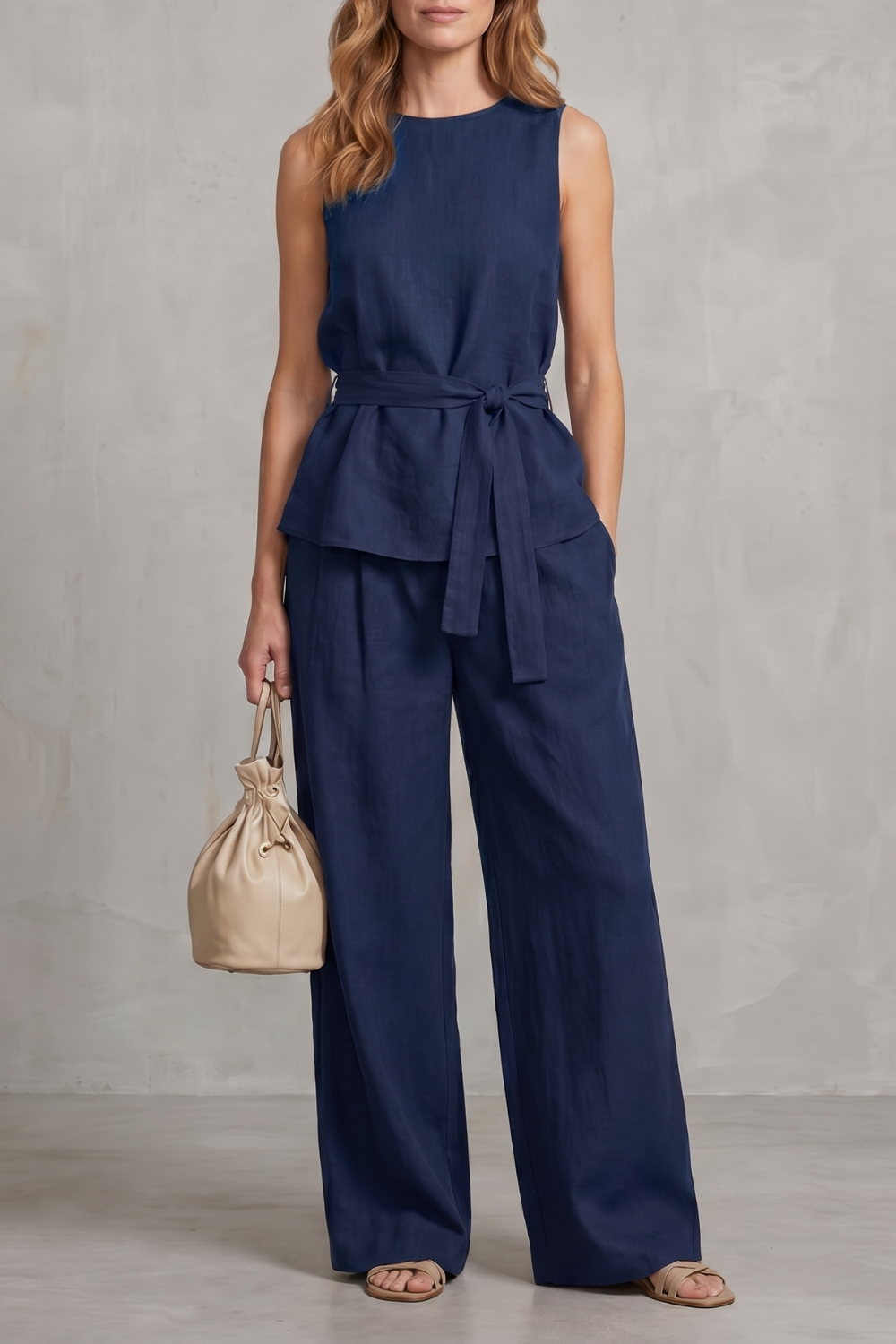 Elegant Tie-waist Silhouette Two-piece Trouser Set