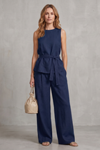 Elegant Tie-waist Silhouette Two-piece Trouser Set