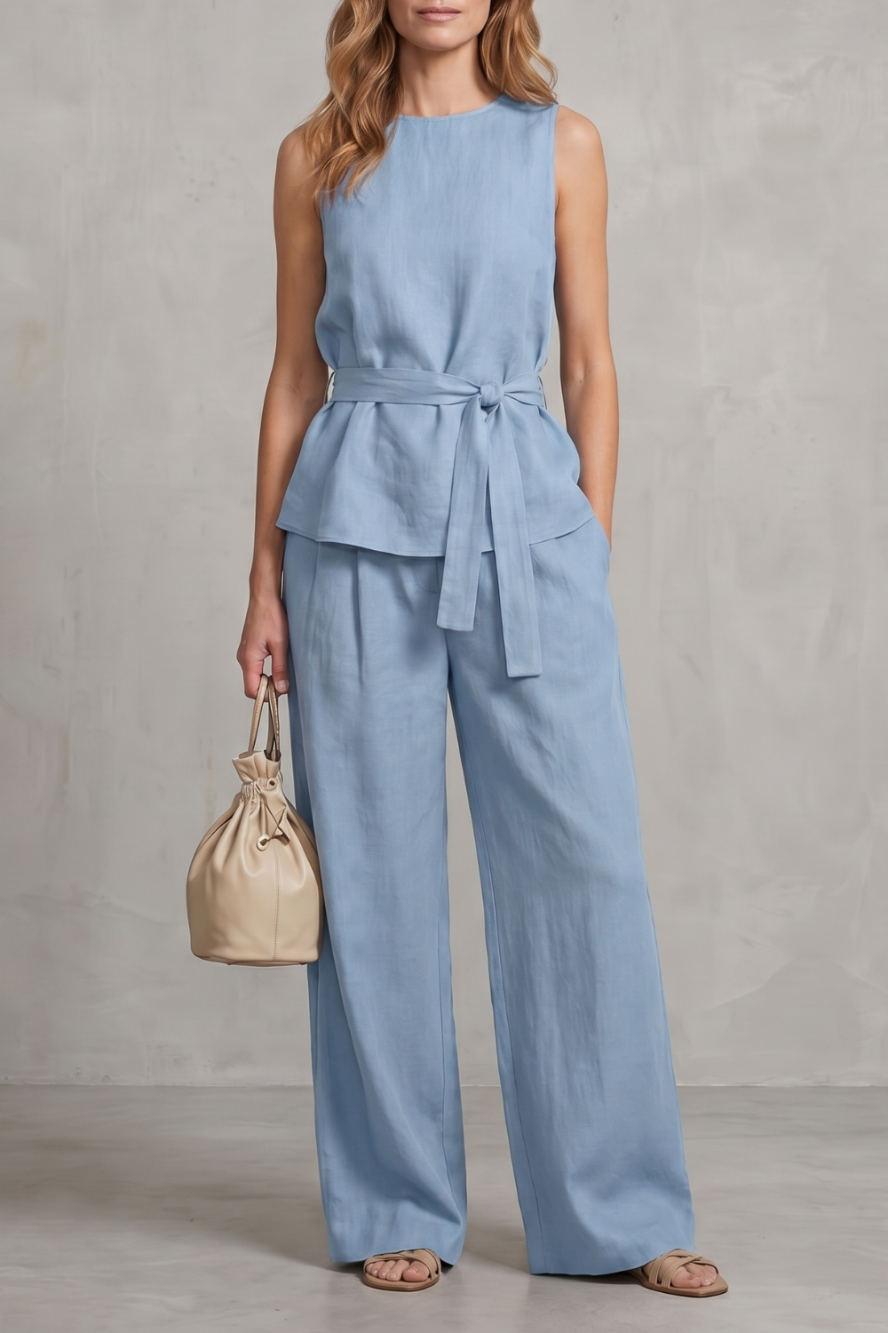 Elegant Tie-waist Silhouette Two-piece Trouser Set