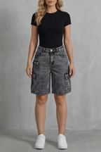 Washed Utility Style Denim Cargo Shorts