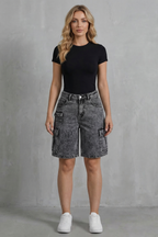 Washed Utility Style Denim Cargo Shorts
