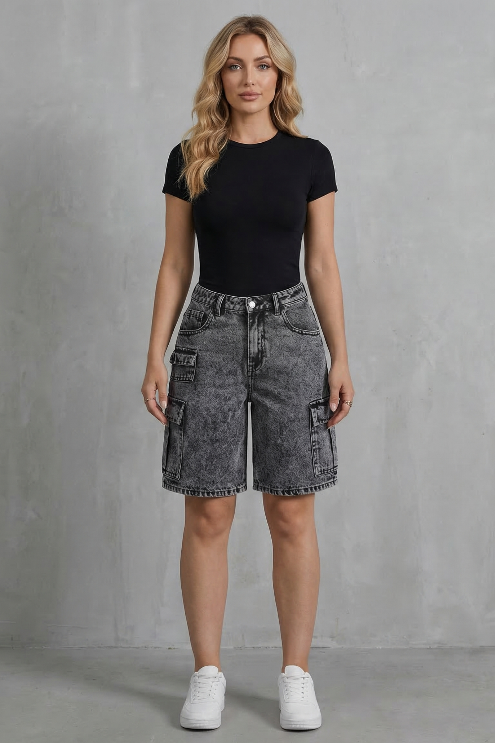 Washed Utility Style Denim Cargo Shorts