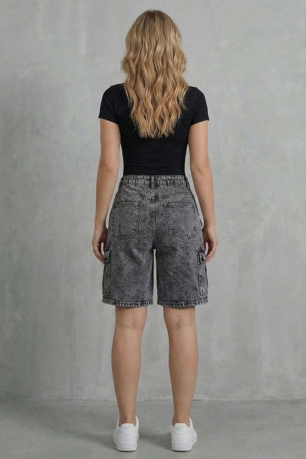 Washed Utility Style Denim Cargo Shorts