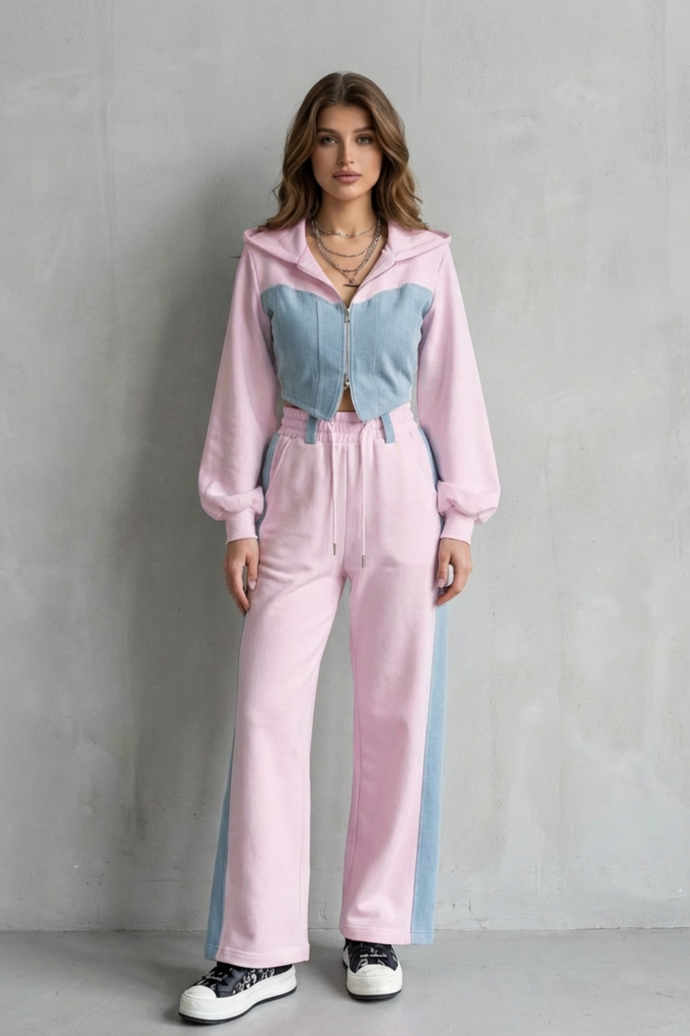 Denim Splice Two-Piece Hoodie & Sweatpant Set