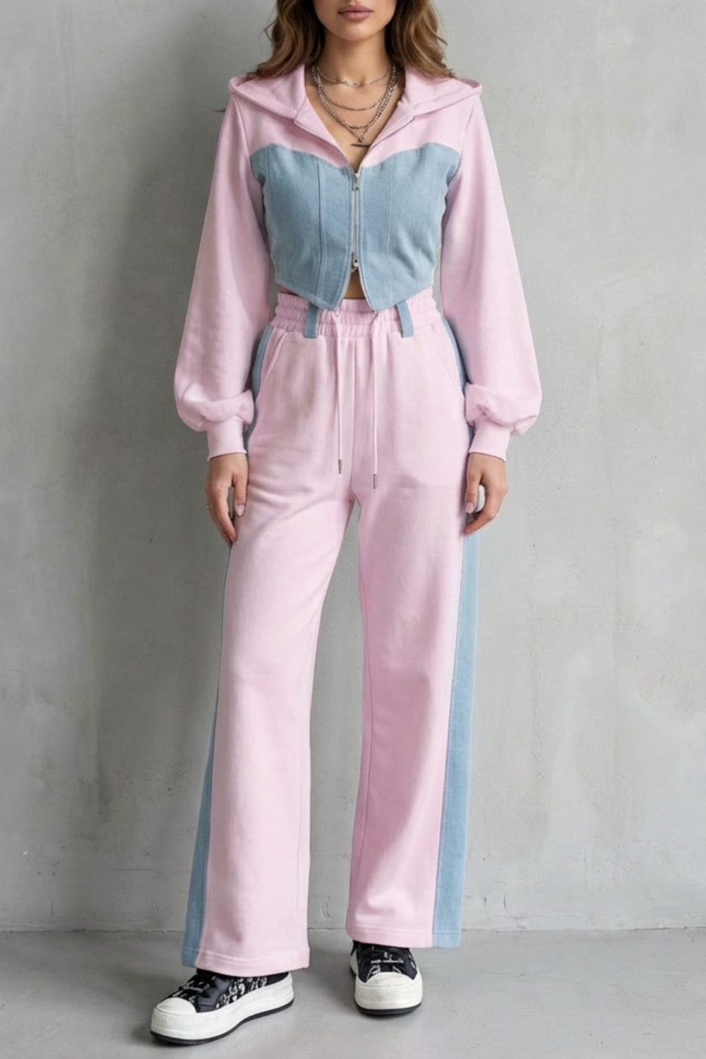 Denim Splice Two-Piece Hoodie & Sweatpant Set