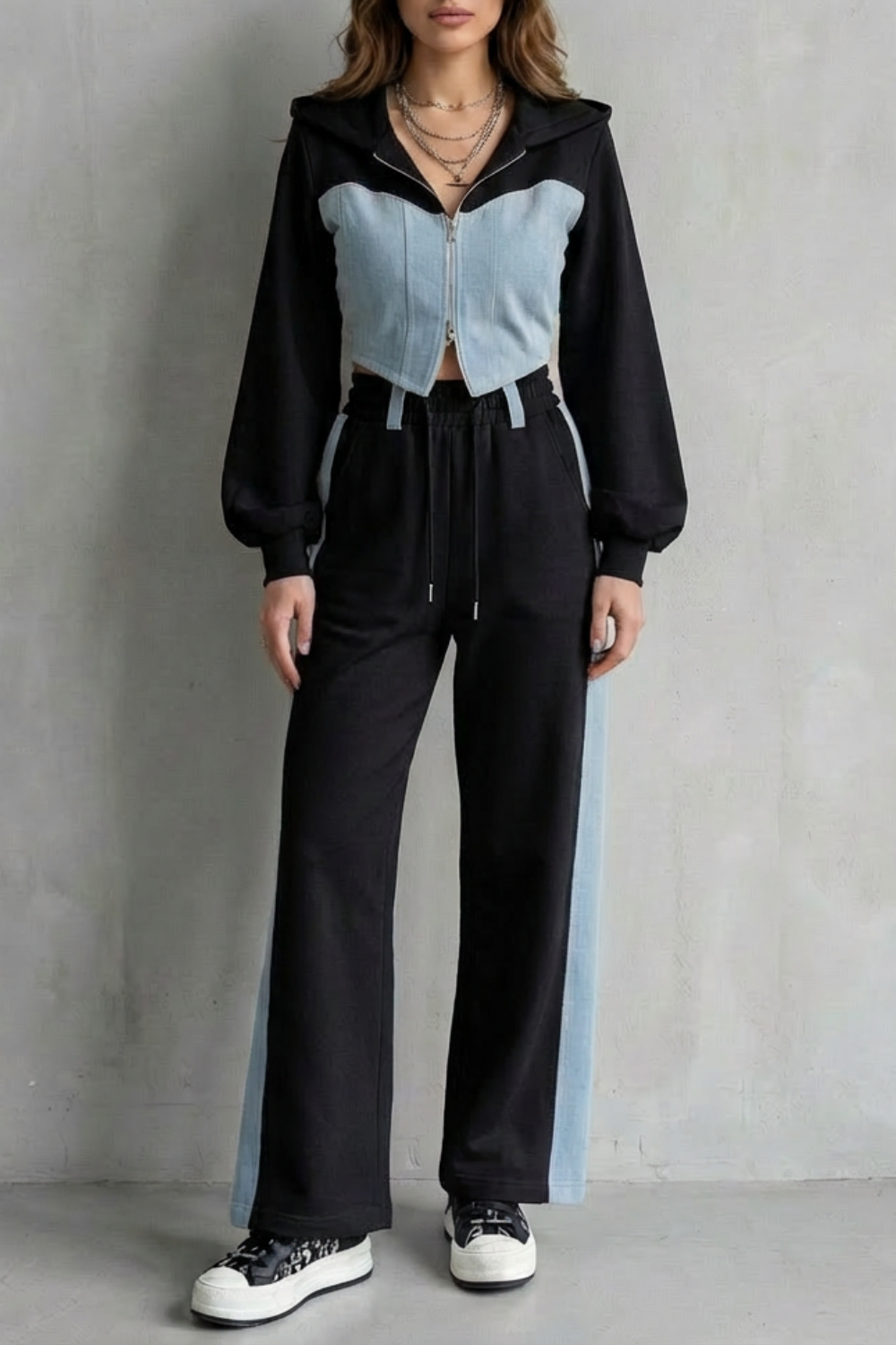 Denim Splice Two-Piece Hoodie & Sweatpant Set
