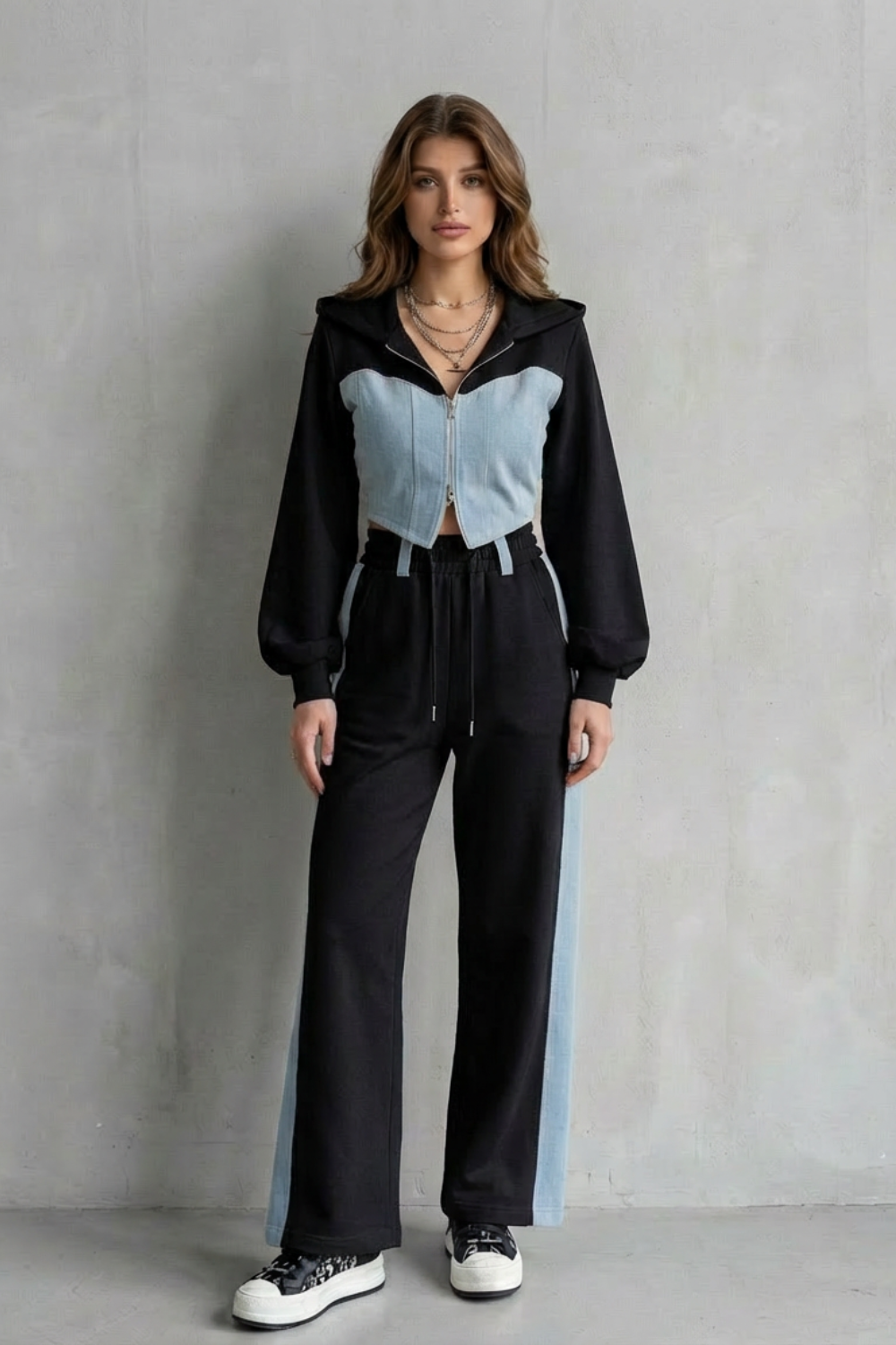 Denim Splice Two-Piece Hoodie & Sweatpant Set