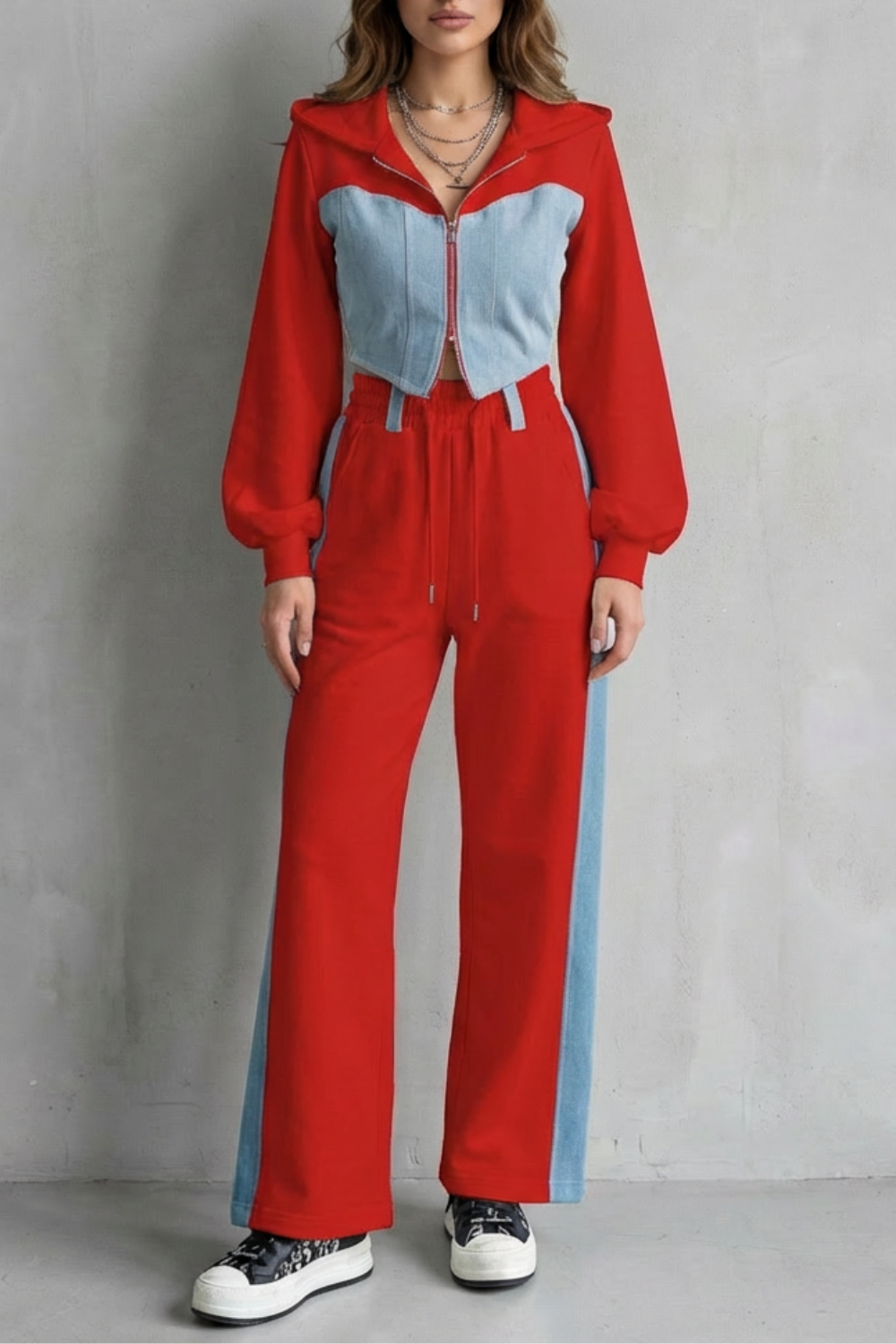 Denim Splice Two-Piece Hoodie & Sweatpant Set