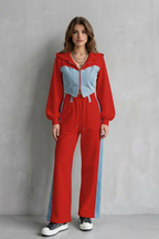 Denim Splice Two-Piece Hoodie & Sweatpant Set