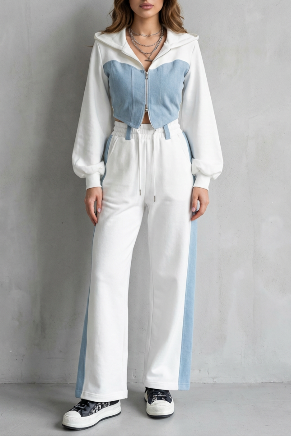 Denim Splice Two-Piece Hoodie & Sweatpant Set