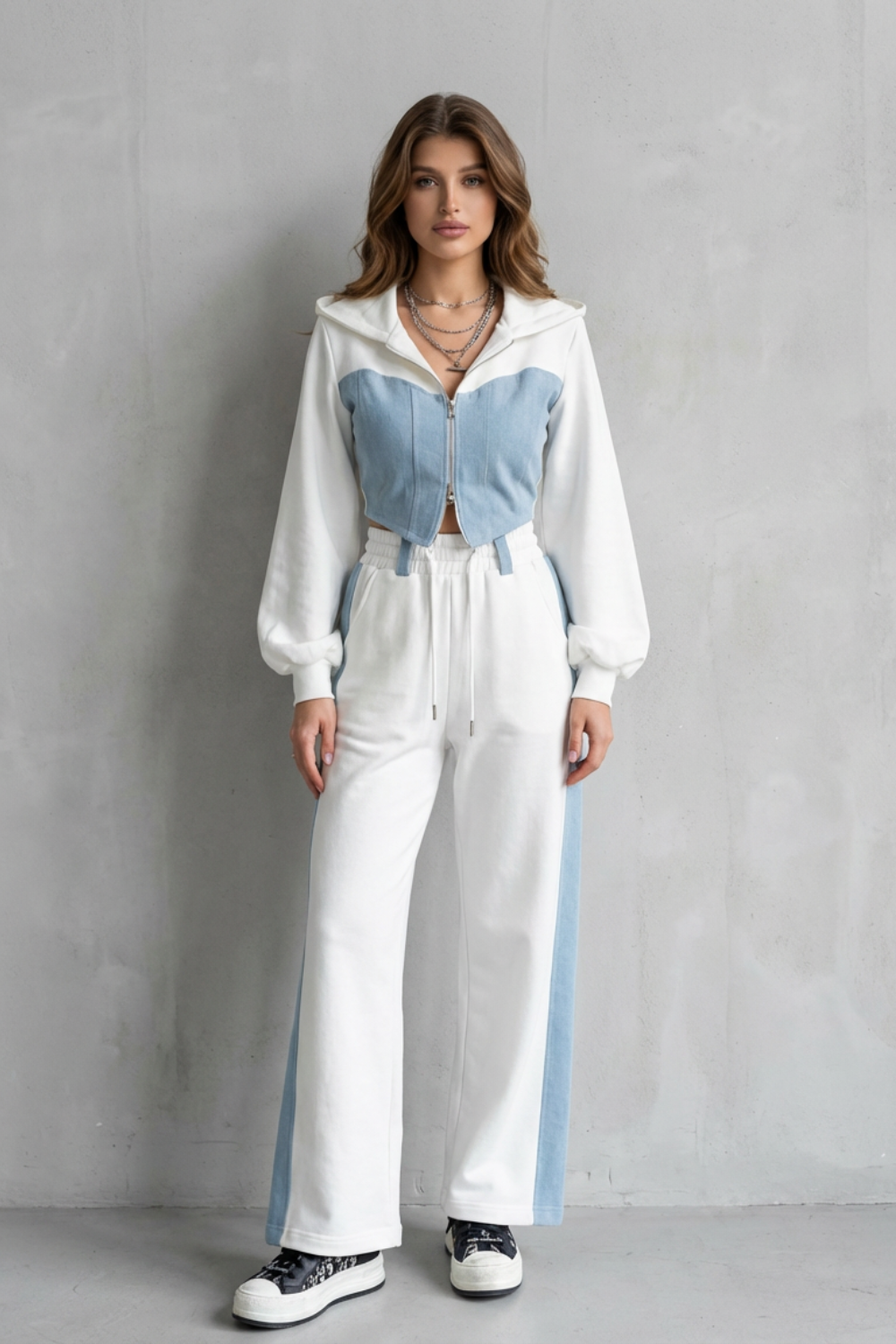 Denim Splice Two-Piece Hoodie & Sweatpant Set