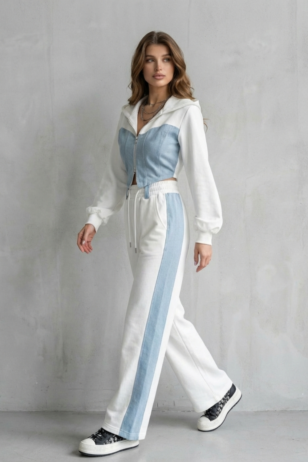 Denim Splice Two-Piece Hoodie & Sweatpant Set