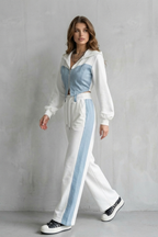 Denim Splice Two-Piece Hoodie & Sweatpant Set