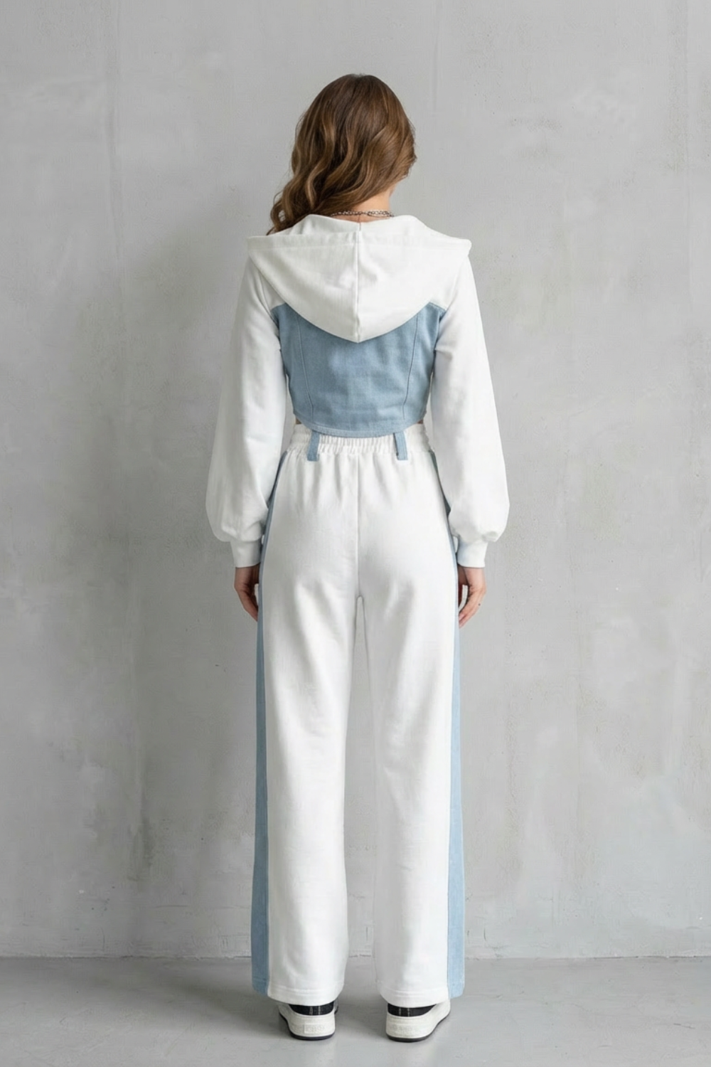 Denim Splice Two-Piece Hoodie & Sweatpant Set