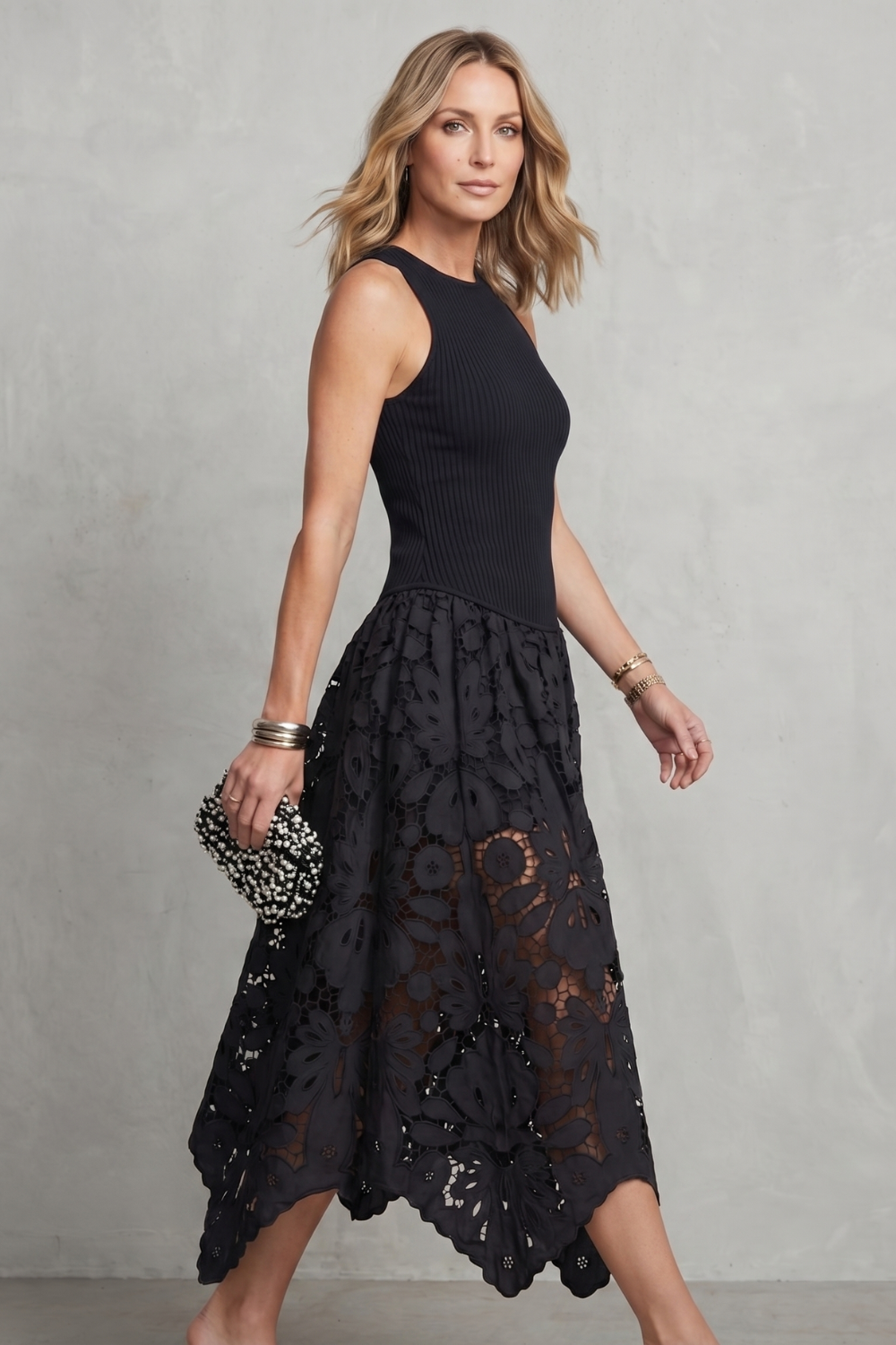 Lace Contrast Elegance Midi Dress
