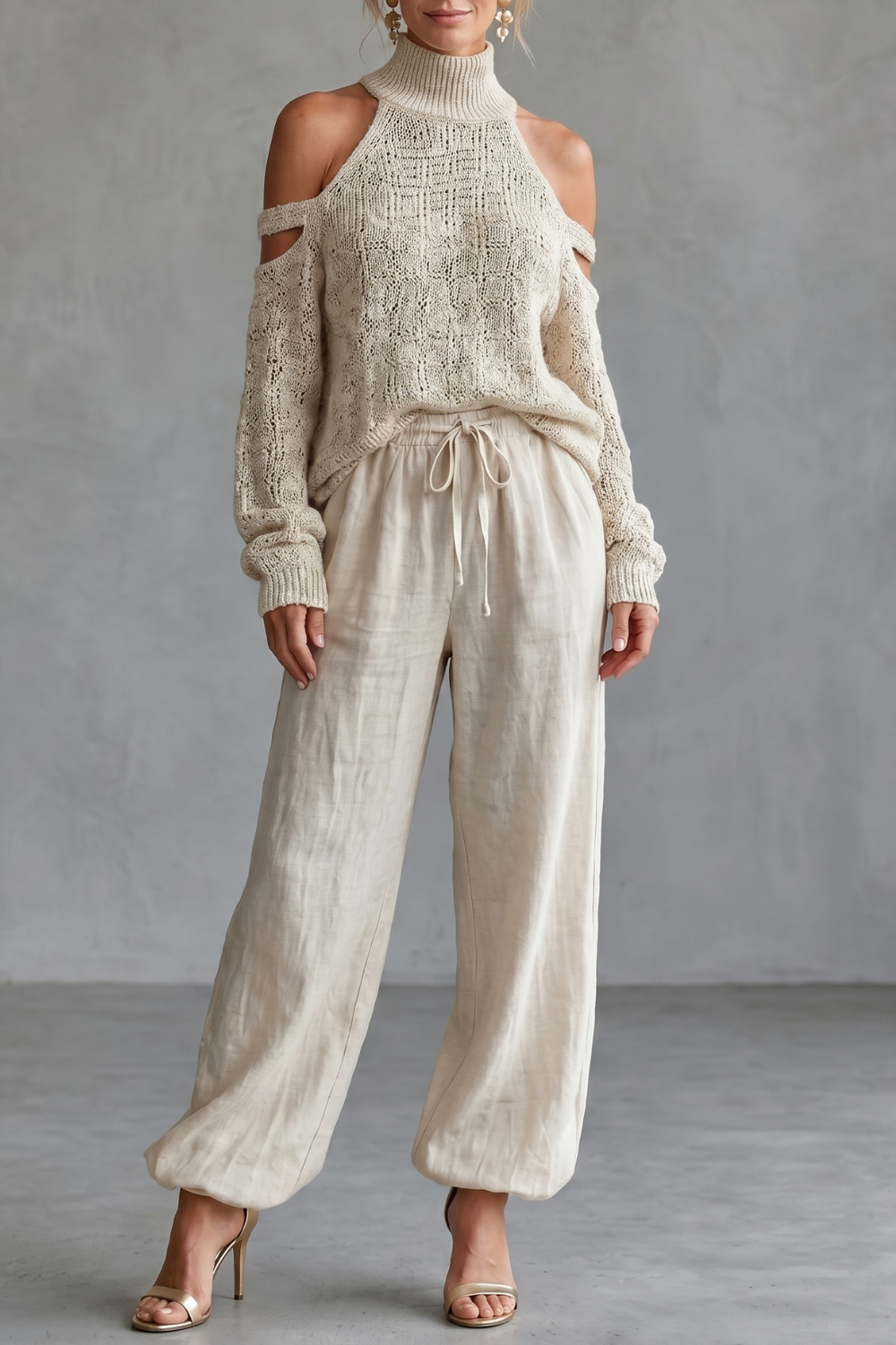 Cozy Open-shoulder Design Knit Trouser Set