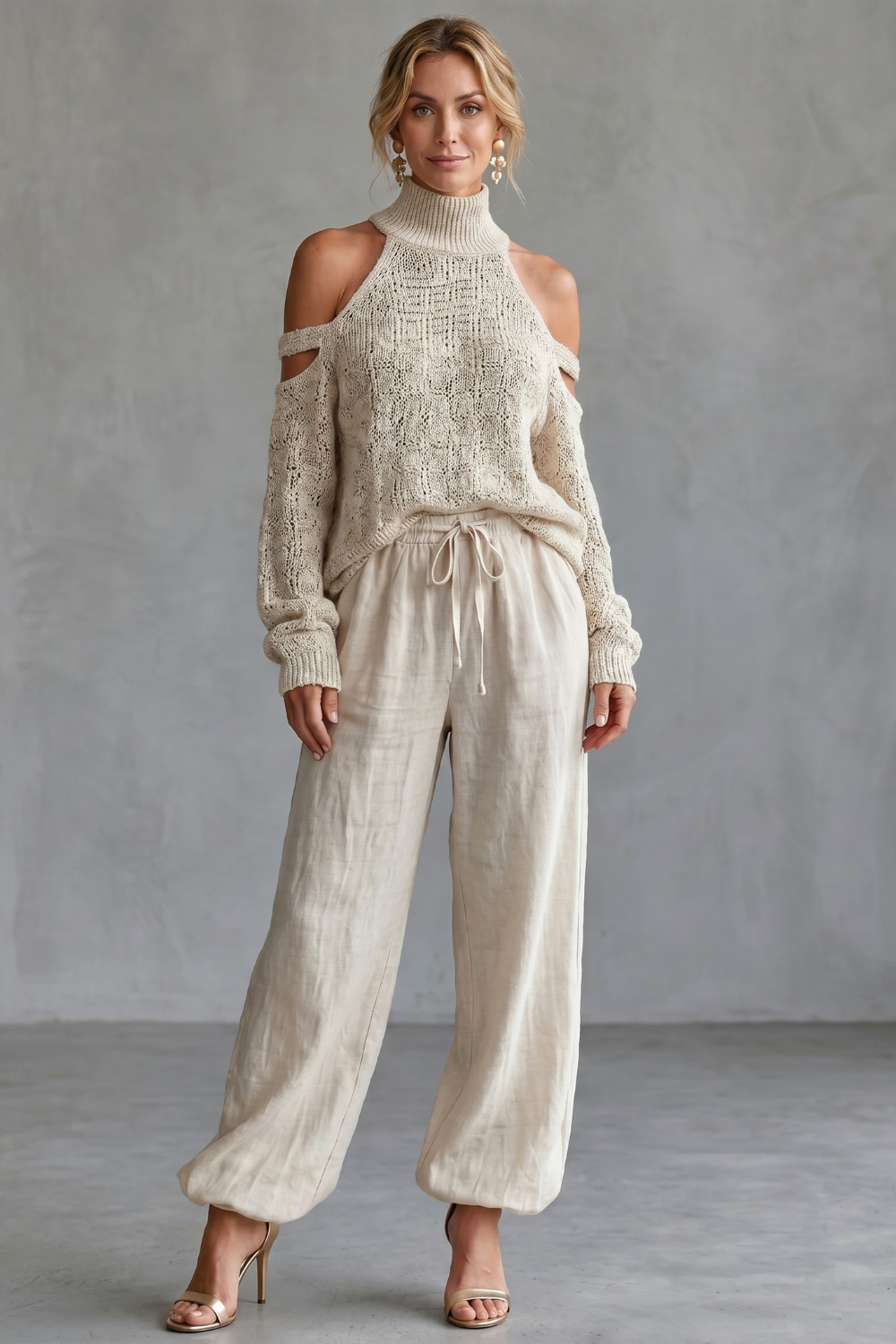 Cozy Open-shoulder Design Knit Trouser Set