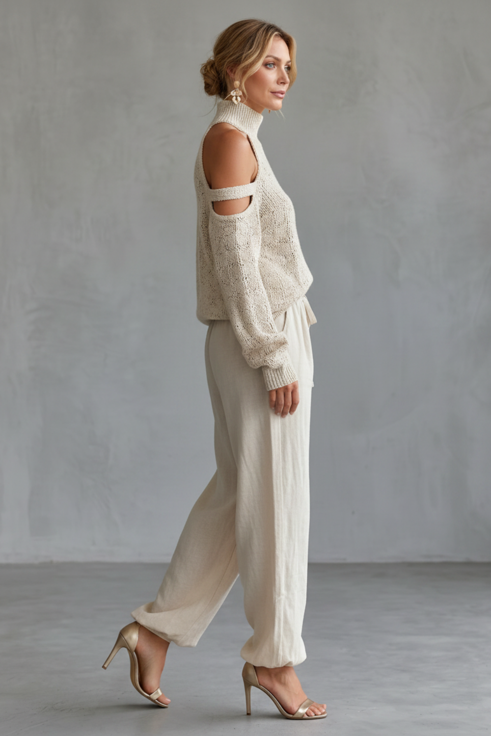 Cozy Open-shoulder Design Knit Trouser Set