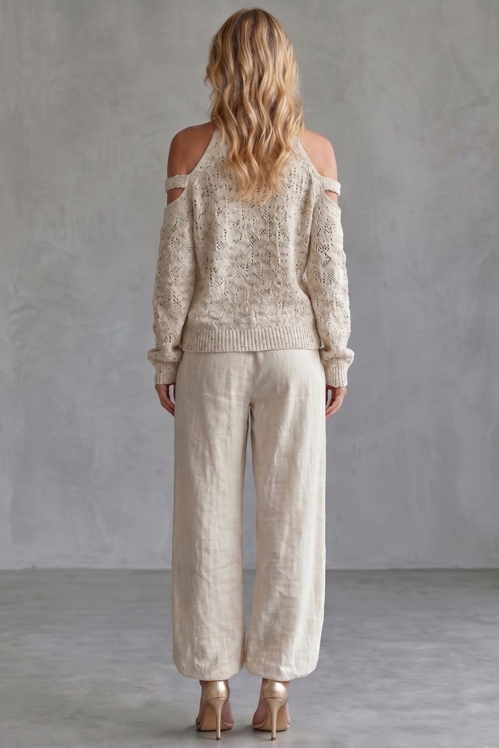 Cozy Open-shoulder Design Knit Trouser Set