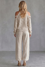 Cozy Open-shoulder Design Knit Trouser Set
