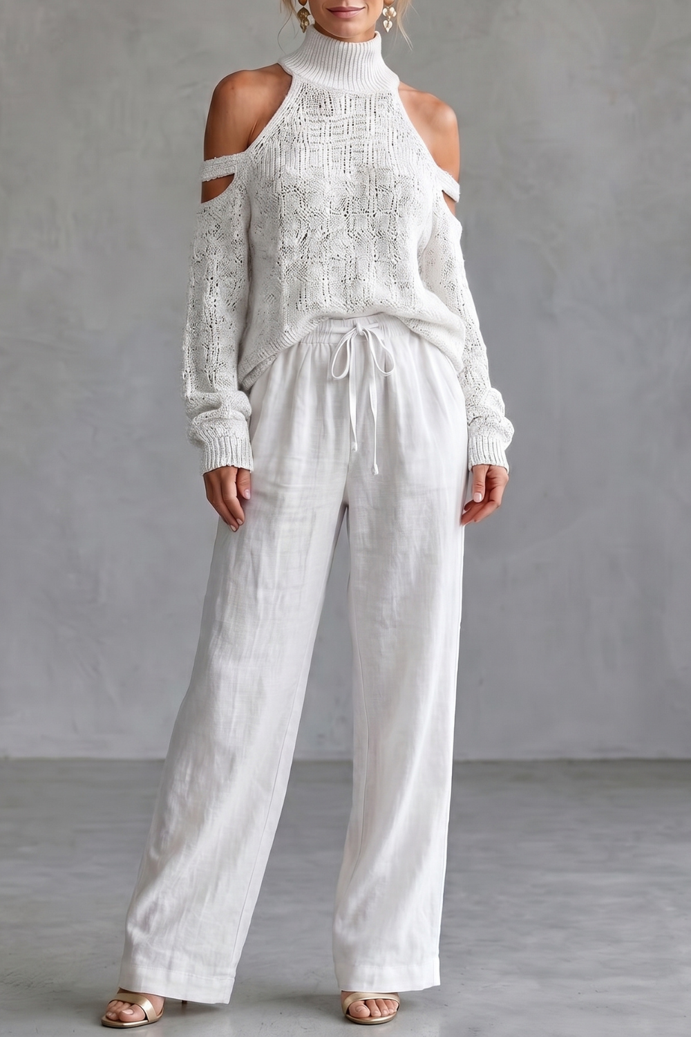 Cozy Open-shoulder Design Knit Trouser Set