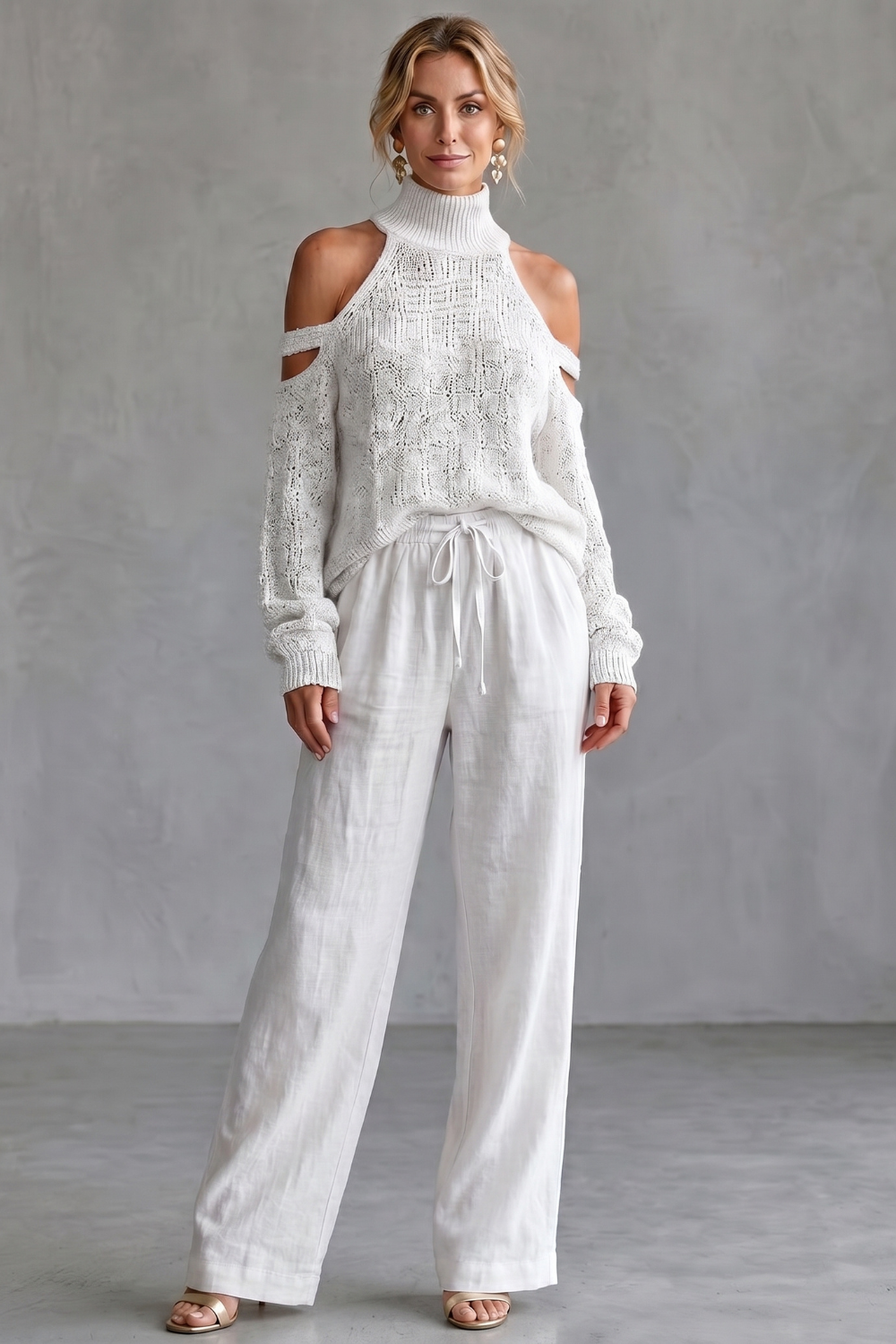 Cozy Open-shoulder Design Knit Trouser Set