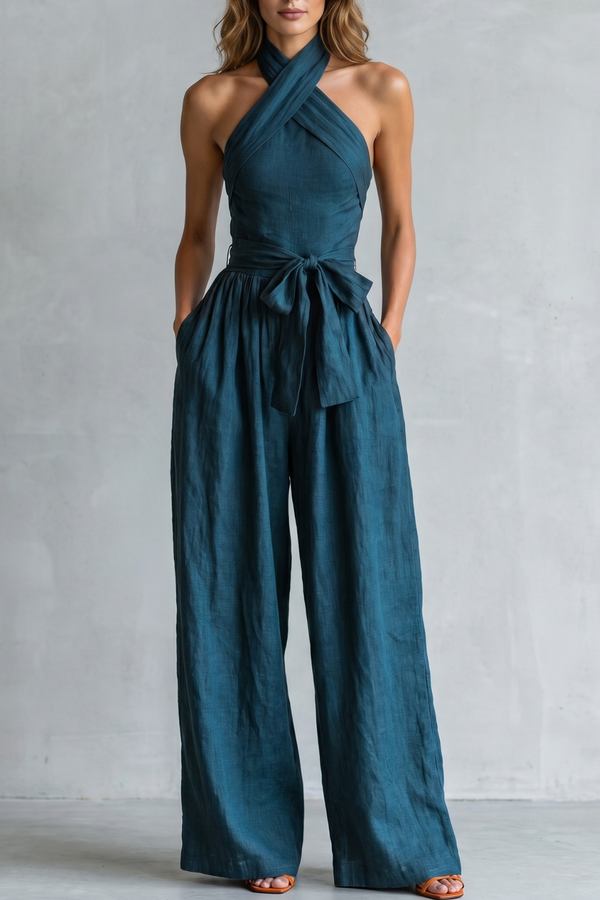 Cross-halter sophistication | Wide-leg jumpsuit - Blue