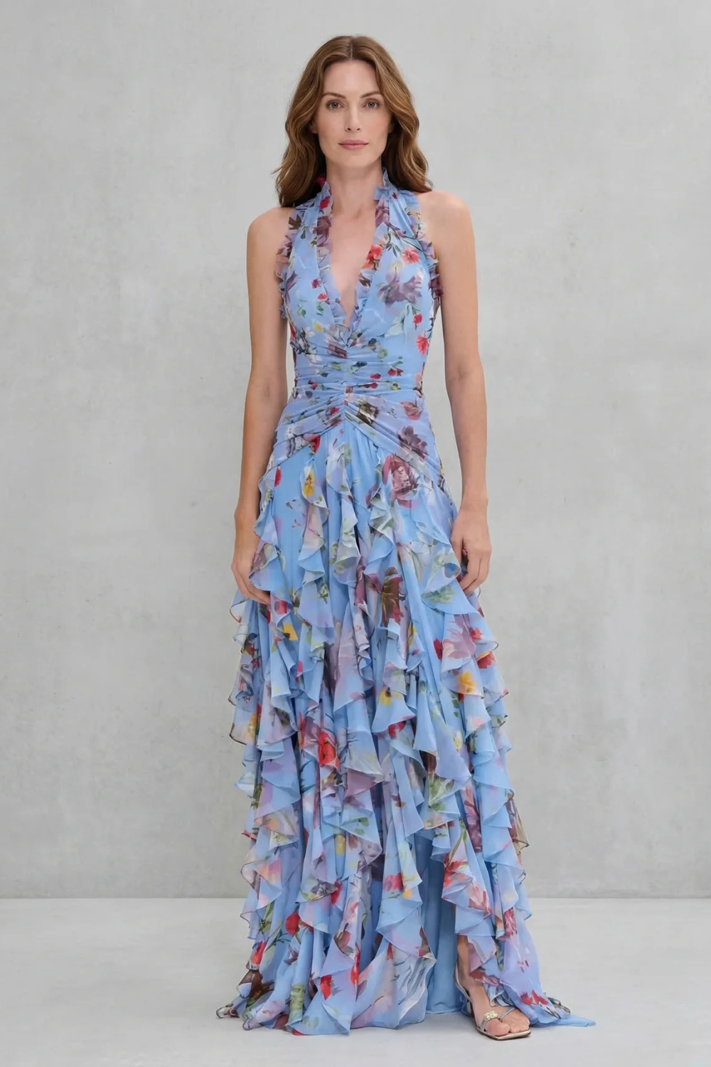 Romantic Rose Cascade Halter Maxi Dress