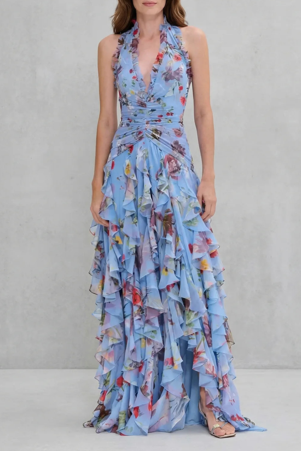 Romantic Rose Cascade Halter Maxi Dress
