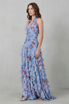 Romantic Rose Cascade Halter Maxi Dress