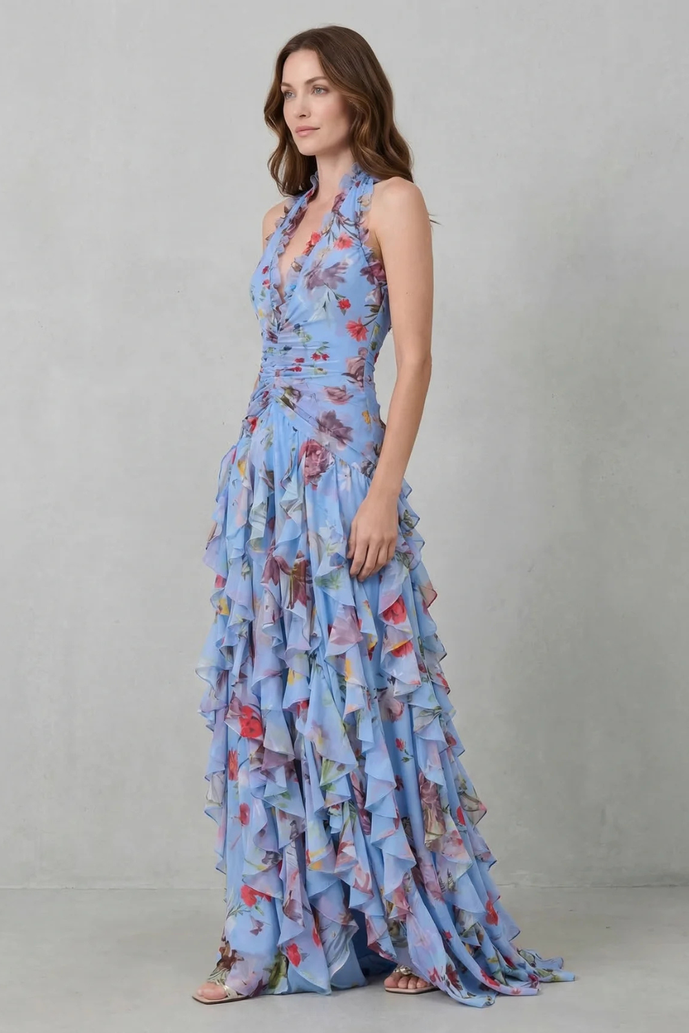 Romantic Rose Cascade Halter Maxi Dress