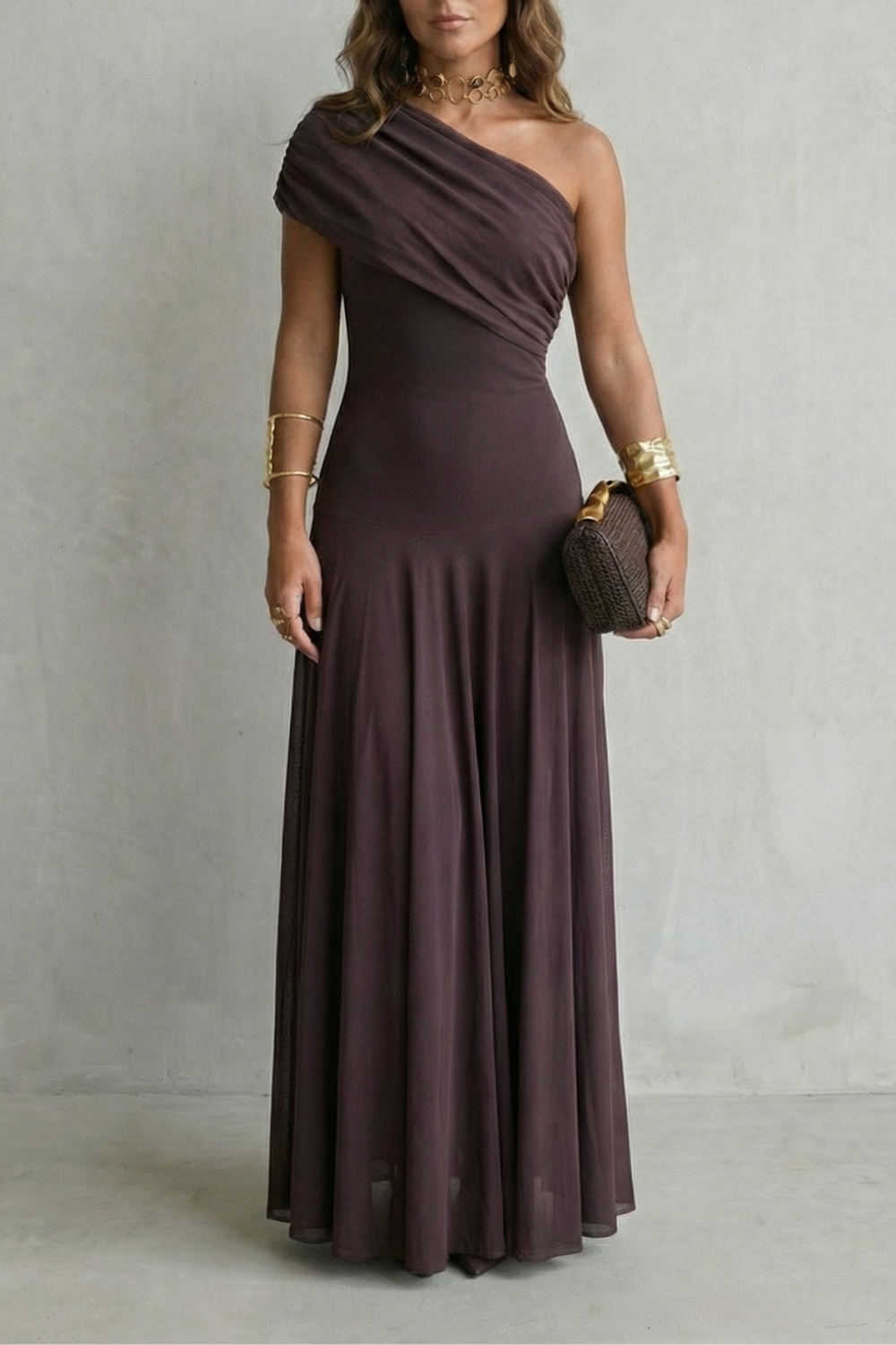 Elegant Draped Neckline One Shoulder Maxi Dress