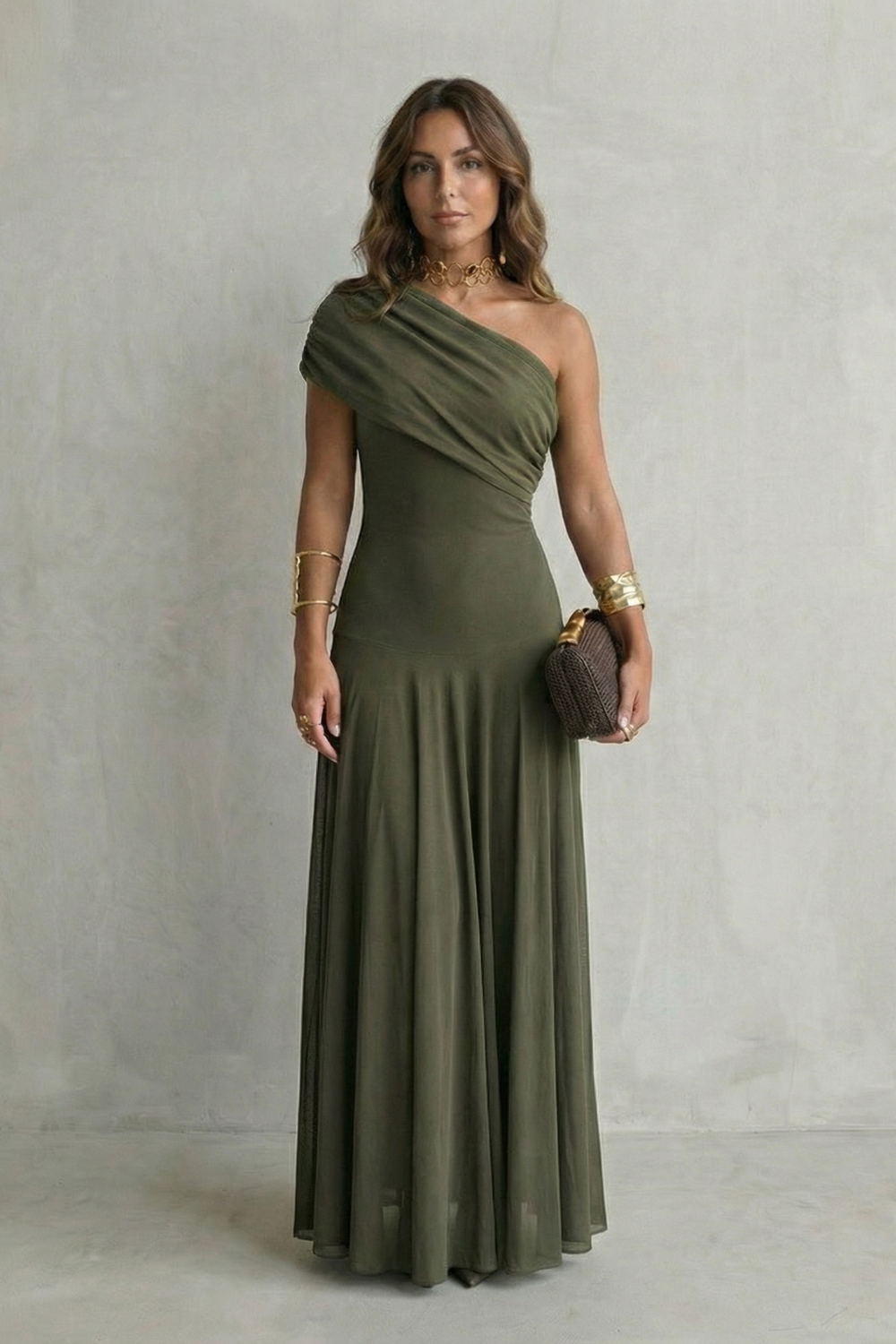 Elegant Draped Neckline One Shoulder Maxi Dress