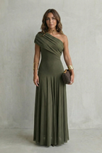 Elegant Draped Neckline One Shoulder Maxi Dress