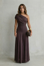 Elegant Draped Neckline One Shoulder Maxi Dress