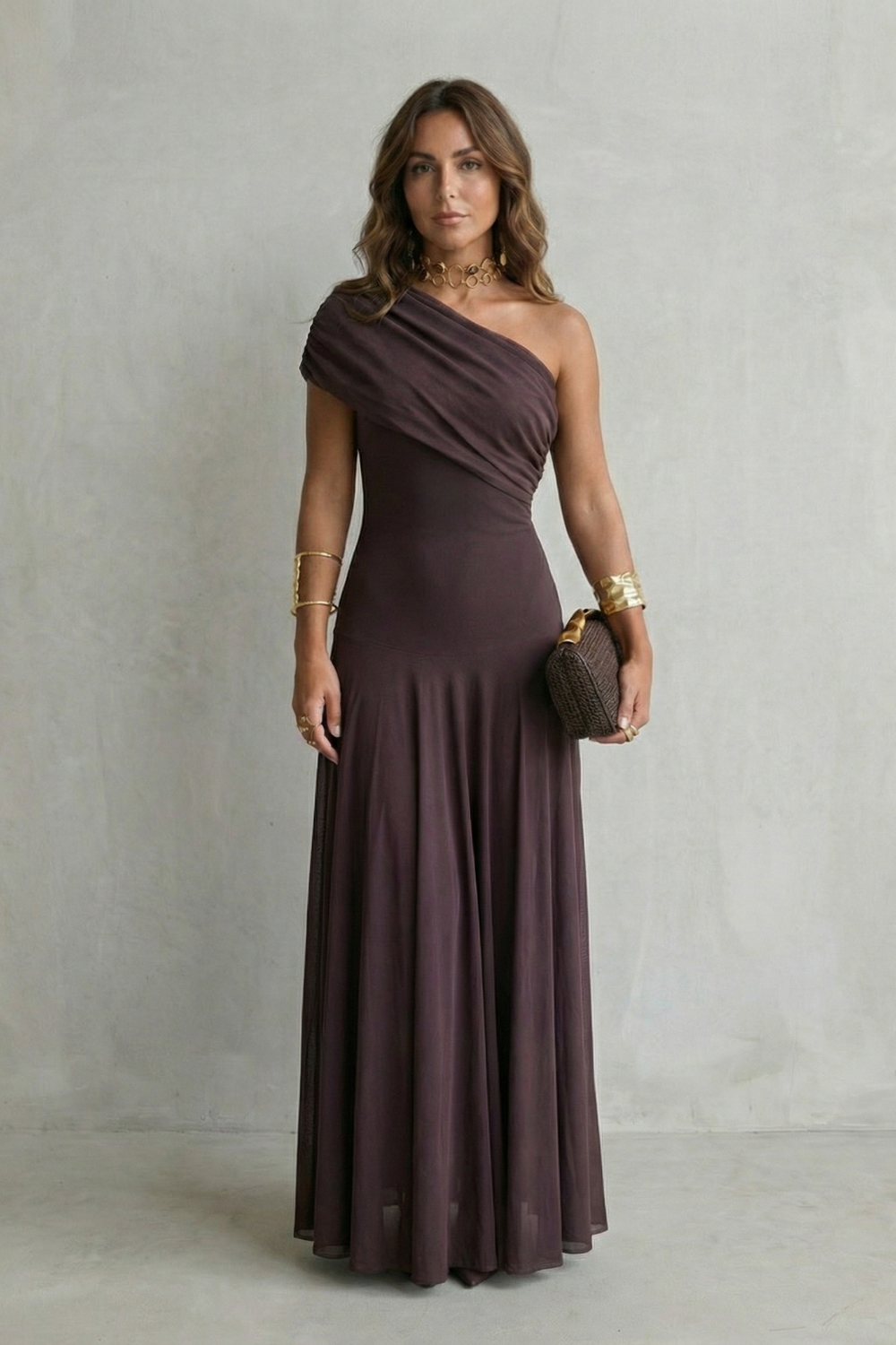 Elegant Draped Neckline One Shoulder Maxi Dress