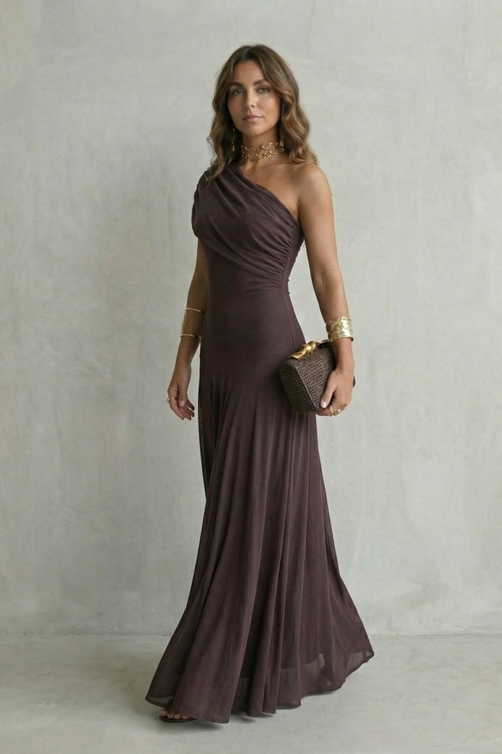 Elegant Draped Neckline One Shoulder Maxi Dress